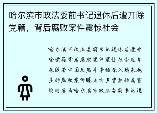 哈尔滨市政法委前书记退休后遭开除党籍，背后腐败案件震惊社会
