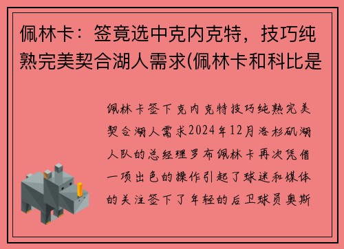 佩林卡：签竟选中克内克特，技巧纯熟完美契合湖人需求(佩林卡和科比是什么关系)
