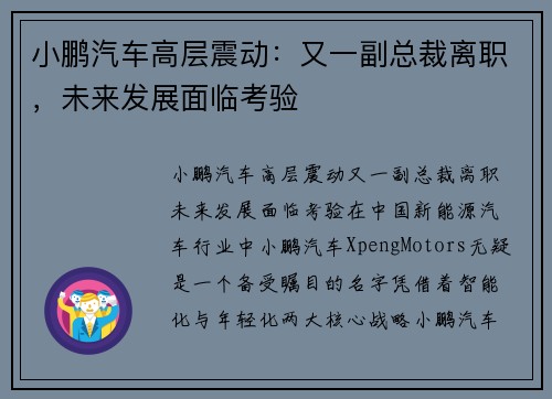 小鹏汽车高层震动：又一副总裁离职，未来发展面临考验