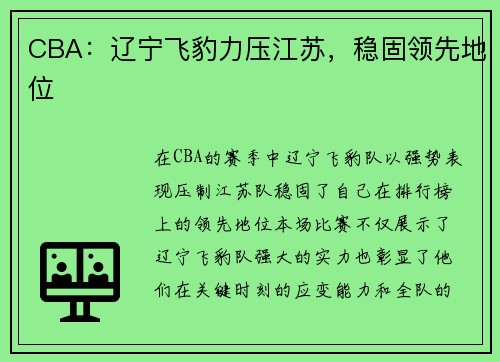 CBA：辽宁飞豹力压江苏，稳固领先地位