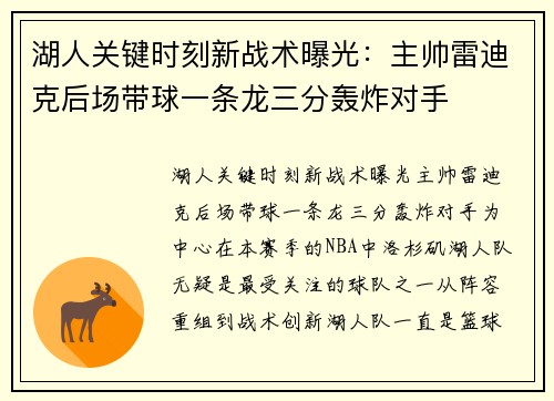 湖人关键时刻新战术曝光：主帅雷迪克后场带球一条龙三分轰炸对手