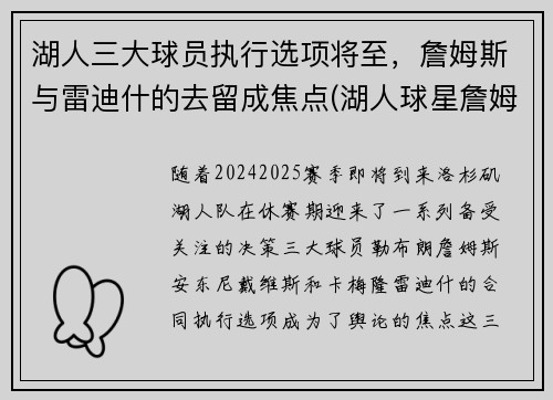 湖人三大球员执行选项将至，詹姆斯与雷迪什的去留成焦点(湖人球星詹姆斯)