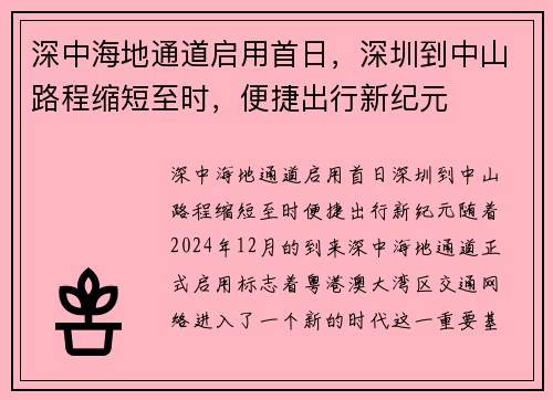 深中海地通道启用首日，深圳到中山路程缩短至时，便捷出行新纪元