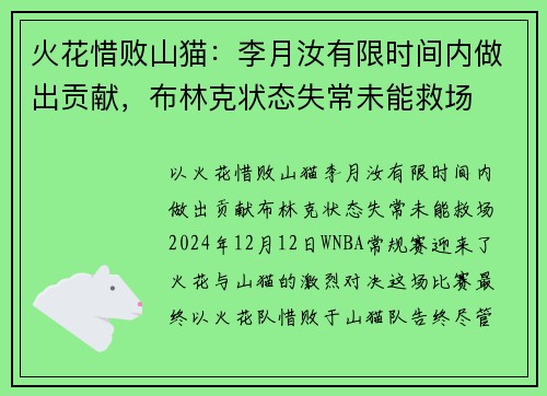 火花惜败山猫：李月汝有限时间内做出贡献，布林克状态失常未能救场
