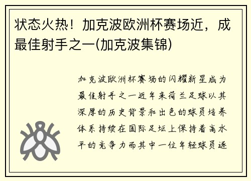 状态火热！加克波欧洲杯赛场近，成最佳射手之一(加克波集锦)