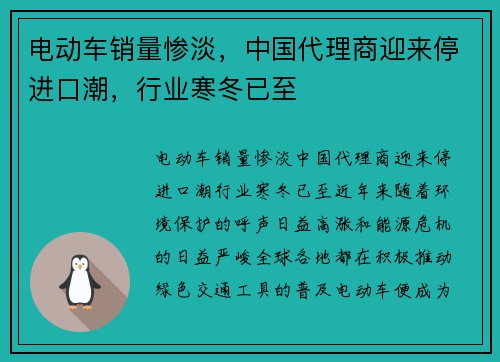 电动车销量惨淡，中国代理商迎来停进口潮，行业寒冬已至