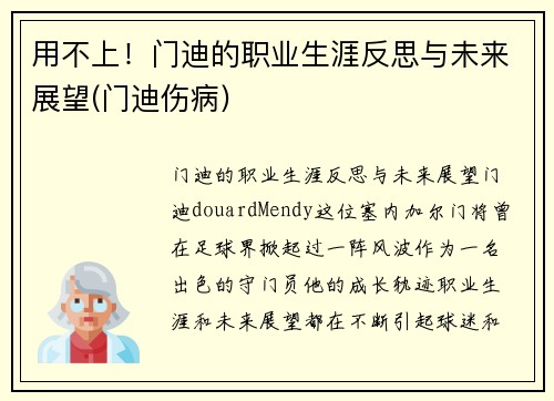 用不上！门迪的职业生涯反思与未来展望(门迪伤病)