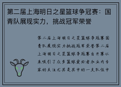 第二届上海明日之星篮球争冠赛：国青队展现实力，挑战冠军荣誉