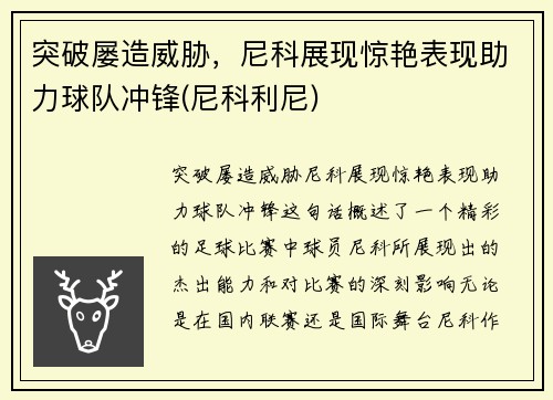 突破屡造威胁，尼科展现惊艳表现助力球队冲锋(尼科利尼)