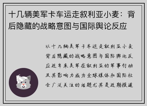 十几辆美军卡车运走叙利亚小麦：背后隐藏的战略意图与国际舆论反应