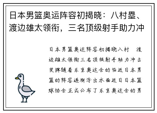 日本男篮奥运阵容初揭晓：八村塁、渡边雄太领衔，三名顶级射手助力冲击奖牌